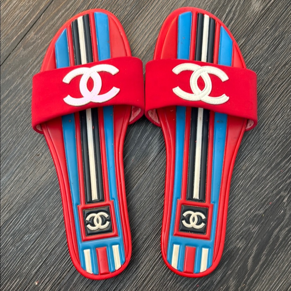 Chanel Red and Blue Striped Rubber Flat Slides Sandals